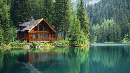 Fototapeta premium Serene Lakeside Log Cabin in the Mountains