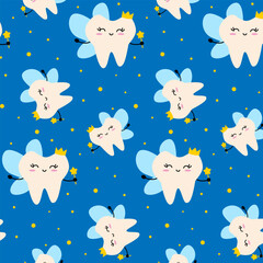 Vector seamless pattern with cute tooth fairy cartoon character in crown holding magic wand on blue background