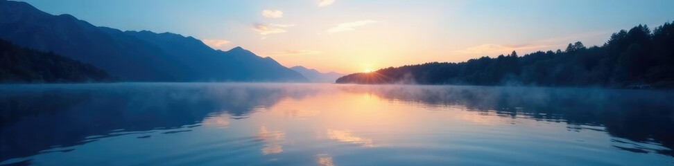 Fototapeta premium A calming blue lake at dusk with soft yellow hues, blue, calmness