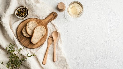 A minimalist picnic with neutral colors, wooden utensils, and simple food