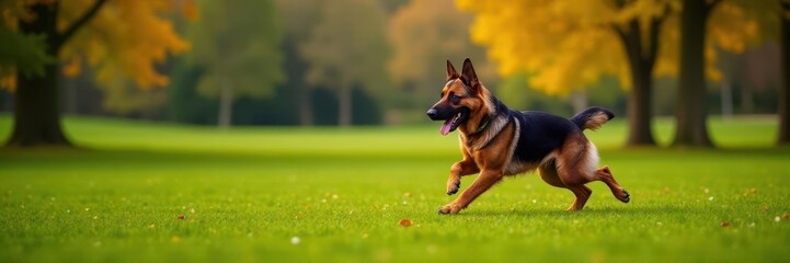 German Shepherd playing fetch in park, tail wagging, mammal, tail wagging, canine