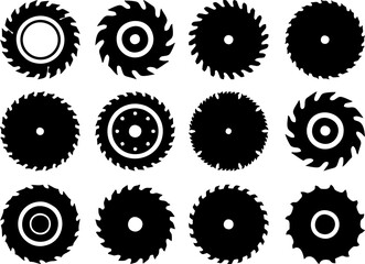 Saw blade silhouettes. Saw blades for woodworking machine. Rotary flat blades saw machine, cut teeth machine for carpentry, machine for wood construction.