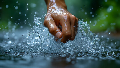 Fototapeta premium Photo - Hand Splashing Water, Refreshing, Nature, Purity, Environment, Drops, Liquid, Clear, Flowing, Wet