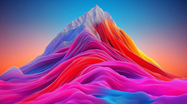 Vibrant Mountain: A stunning digital rendering showcases a majestic mountain composed of flowing, colorful fabrics, blending shades of purple, orange.