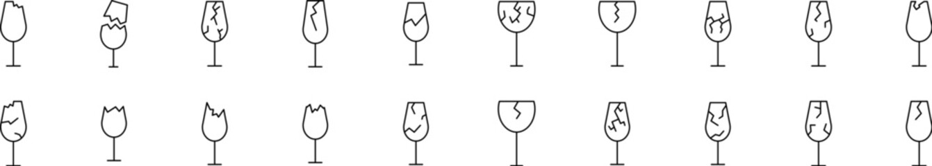 Set of Line Icons of Broken Glass of Wine. Minimalistic Linear Pictogram for Web and Graphic Design, Apps, Banners, Social Network and Cards