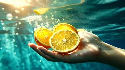 A vibrant shot of a person’s hand reaching out from beneath water, holding a cluster of citrus slices, with light reflections adding a dreamy effect - Powered by Adobe