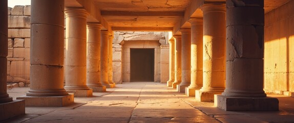 Ancient Underground Corridor Sunlit Stone Pillars