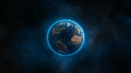 Fototapeta premium A Cosmic Embrace: A captivating view of our planet, Earth, is shown, encircled by a soft, luminescent blue aura. In this evocative shot, the world's continents, oceans.