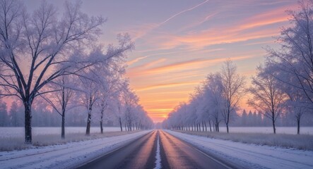 Winter road lined with frosted trees under a beautiful sky at sunset