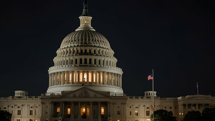  USA Capitol Building illuminated at night, showcasing its grand architecture with glowing lights against the dark sky.