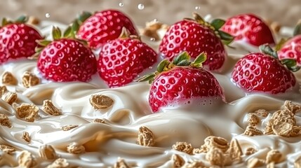 Fresh ripe strawberries on top of delicious creamy yogurt