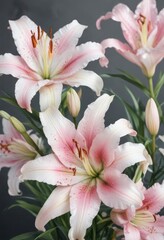 Fototapeta premium Watercolor painting of delicate pink and white lilies, soft, nature