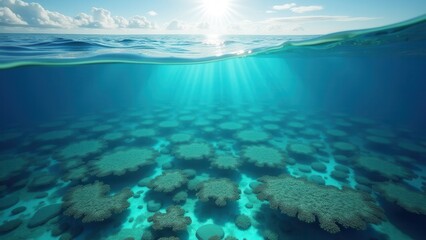 Naklejka premium Aerial view of coral reef system in turquoise ocean waters showing signs of coral bleaching 