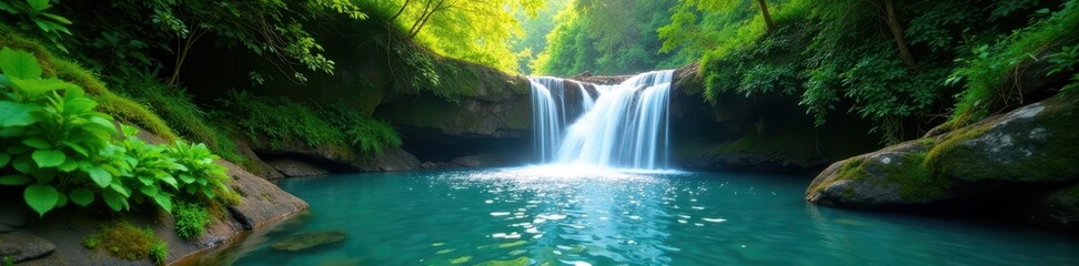 Fototapeta premium Crystal clear water falls through vibrant green canopy, peaceful, tropical, wonder
