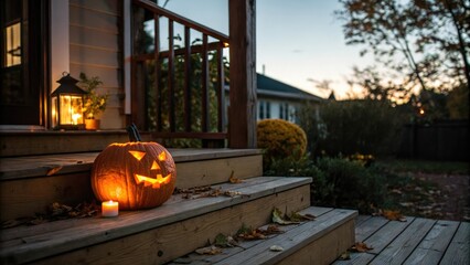 Obraz premium Warmly glowing jack-o-lantern pumpkin on a wooden porch step at dusk, pumpkins, warm glow, candlelight