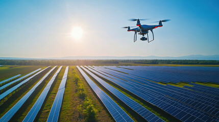 Drone hovers above solar farm capturing eco friendly energy solutions under clear sky