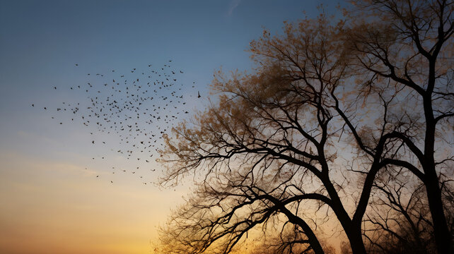 a peaceful scene during twilight. A large tree with bare branches is silhouetted against the soft golden glow of the sunset. A flock of birds is flying across the clear evening sky