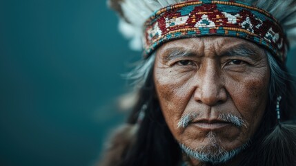 Fototapeta premium Indigenous elder with traditional headdress, serious expression, teal background. Possible use Stock photo for cultural representation