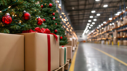 Festive gifts in warehouse; Christmas trees & packages