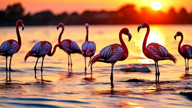 Flamingos stand in the water against the sunset.