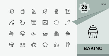 Baking collection. Includes icons for recipe, spoon, utensil, eat, cook, chef, pastry and more. Minimal linear icons. Editable stroke. Vector illustration.