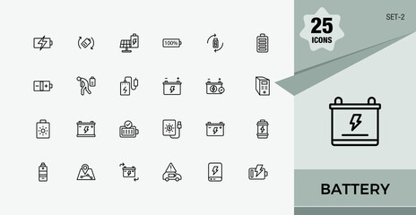 Battery vector line icon set. Contains such icons as charging, accumulator, supply, load, industry and more. Outline symbol collection. Editable stroke. Vector illustration.