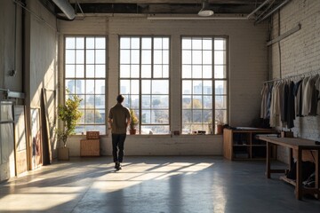 Designer Assessing Garment Fit in Creative Studio Urban Environment Fashion Industry Natural Light Viewpoint