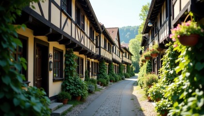 Fototapeta premium Narrow lane, overhanging timber houses, hanging baskets, facade, medieval