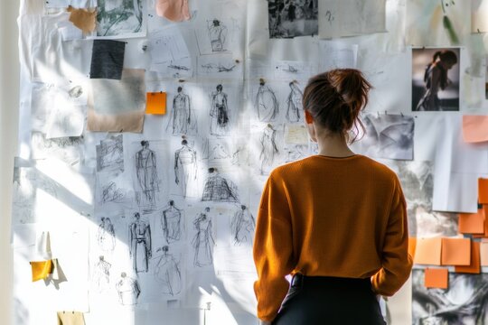 Fashion Designer Reviewing Mood Board Sketches in Studio Creative Process Artistry Bright Environment Artistic Perspective