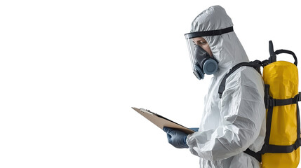 Stylish man in white suit with yellow backpack explores urban cityscape, a travel and fashion journey