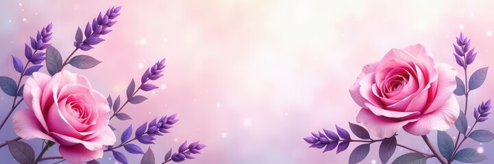 Fototapeta premium Soft blush roses & lavender, dreamy watercolor wash, nature, artistic, airy
