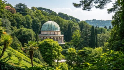 Vibrant greenery surrounds a stunning domed structure in a tranquil natural setting, natural growth, serene atmosphere
