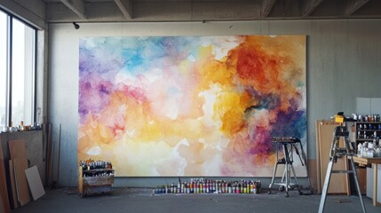 Large abstract painting in artist's studio.