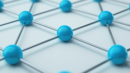 A close-up view of a network of blue spheres connected by thin metallic rods, representing a scientific or technological concept.