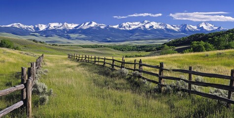 Fototapeta premium Serene Mountain Ranch Landscape: A Breathtaking View of Snow-Capped Peaks and Rolling Meadows