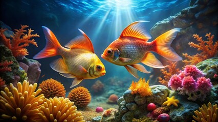 Radiant aquatic life thrives in a vibrant underwater paradise, showcasing the beauty of coral reefs and the elegance of tropical fish.
