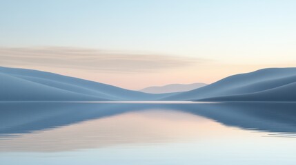 Obraz premium Calm Lake Reflecting Gentle Hills and Soft Sky at Dawn