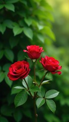 Obraz premium A colorful bouquet of red roses against a green leafy landscape, greenery, bouquet