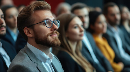 Obraz premium focused audience listens attentively during business conference presentation