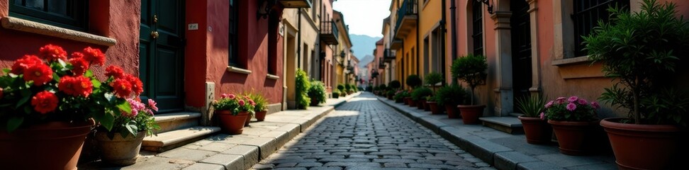 Obraz premium Cobblestone street, aged buildings, flower boxes, sunlight, street photography, romantic