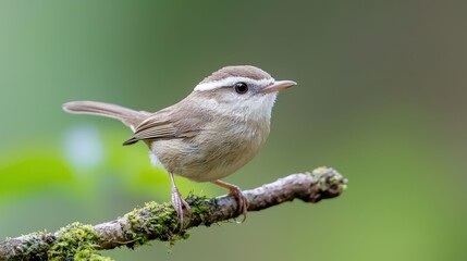 Fototapeta premium Small brown wren perched on a mossy tree branch in a lush green forest during daytime.