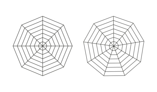 Radar, spider diagram template. Spider mesh. Diagram for statistic, analytic. Polygon graphs. Blank radar charts. Simple coaching tool. Grid with segments. Flat illustration. Octagon, enneagon mockups