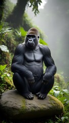Solitary Cross River Gorilla Standing in Dense, Misty Forest Habitat