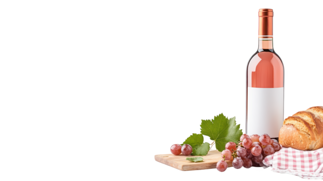 Rustic charm, a still life of wine and bread on wooden table wine