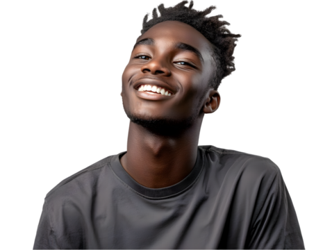Joyful young man with short hair smiling brightly against a transparent background expressing happiness and positivity
