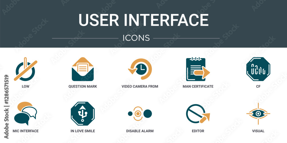 Poster set of 10 outline web user interface icons such as low, question mark, video camera from side view, 