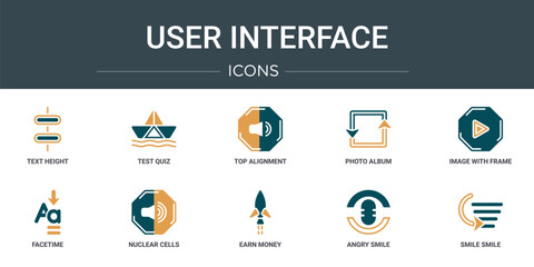 set of 10 outline web user interface icons such as text height, test quiz, top alignment, photo album, image with frame, facetime, nuclear cells vector icons for report, presentation, diagram, web
