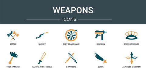 set of 10 outline web weapons icons such as battle, musket, dart board game, hine gun, brass knuckles, thor hammer, katana with handle vector icons for report, presentation, diagram, web design,