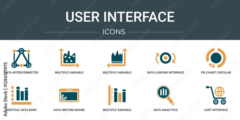 Poster set of 10 outline web user interface icons such as data interconnected, multiple variable continuous