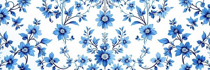 Intricate blue floral toile pattern on white  Vintage French style , subtle, scroll, flower